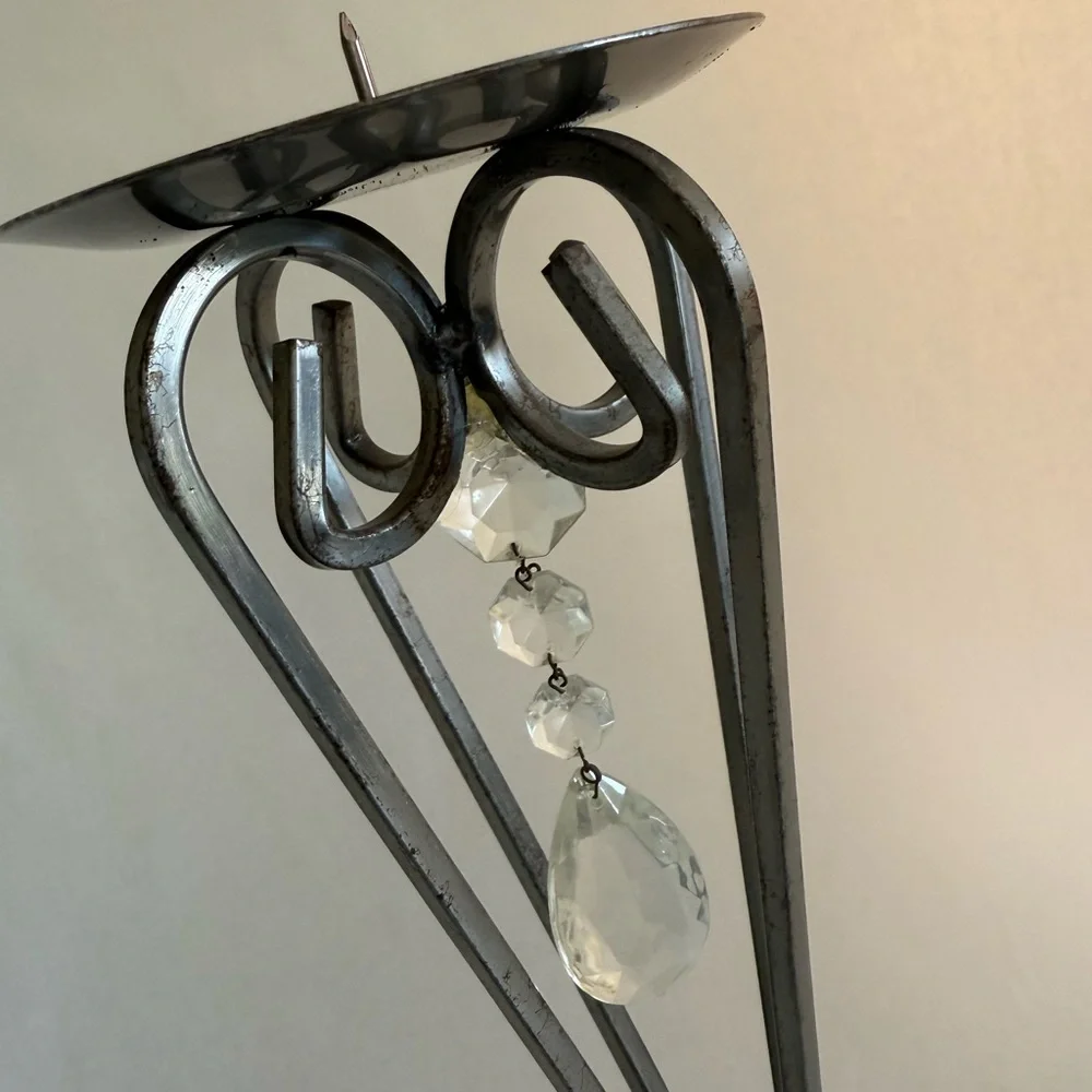 Wrought Iron Pillar Candle Stands with Pewter Patina and Crystal Embellishments